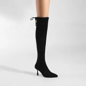 Moncheer Women's Stretch Suede Knee-High Boots Pointed Toe Slim Fit Stiletto Heel Long Boots with Back Tie