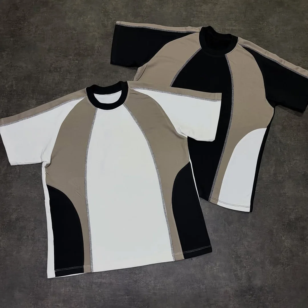 Męski kolorowy, patchworkowy, niestandardowy bawełniany koszulek w stylu vintage z nadrukiem DTG, retro streetwear, jednolity kolor, krótkie rękawy