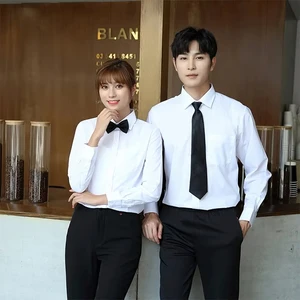 Hotel Restaurant Waiter White Shirt Long Sleeve Slim Classic Style in Stock Receptionist  Overalls Shirt