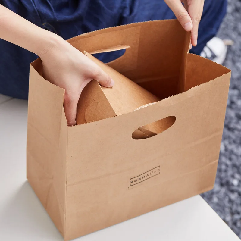Wholesale Brown Kraft Paper Die Cut Handle Bag Paper Food Packaging for Fast Food Bread Cookie Take Away Food Packaging Bag