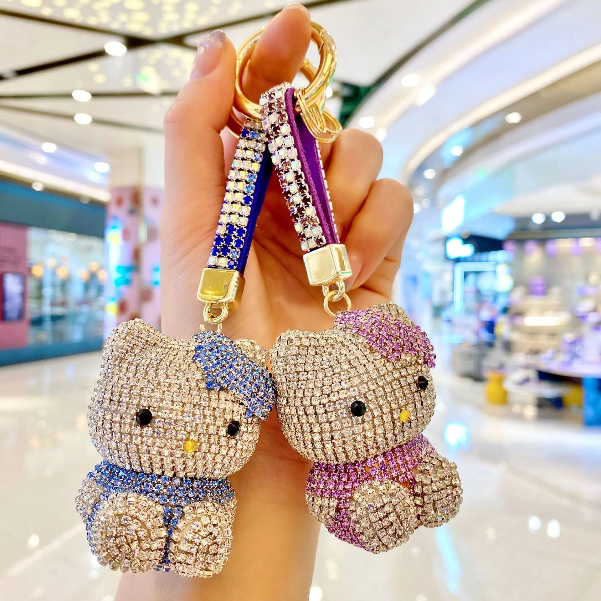 Luxury Bling Diamond Crystal Rhinestone Cute Cat Bag Car Key Ring Keychain  Metal for Girls Charm