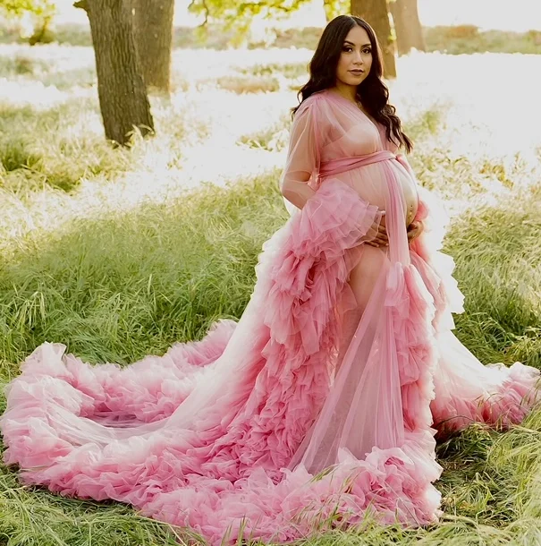 FK57 Pink Brides Robe Tulle Maternity Dress Gown Ruffle Robe Wedding Bridal  Fluffy Maxi Pregnancy Photoshoot Dress Nightgown