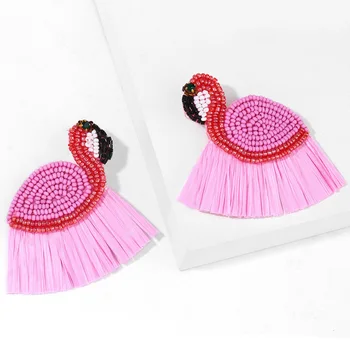 Kawaii Romantic Wedding and Travel Photography Chic Handmade Pink Flamingo Bird Paper Straw Fringed Seed Bead Braided Earrings