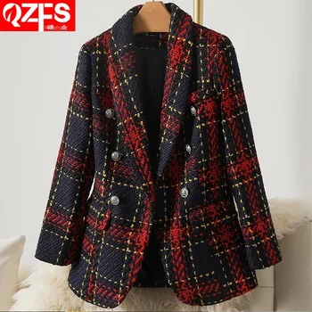 2021 Wholesale custom made fashion tweeds blazer women plaid /check blazer double breasted blazer Suit Jacket Women