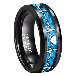 Coolstyle Jewelry 8mm Black Tungsten Ring for Men Women Wedding Band Heartbeat Blue Carbon Fiber Inlay Beveled Edges Comfort Fit