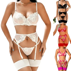 Factory New Sexy Lace Bow Embroidered Underwire G-String Garter Belt 4-Piece Breathable Lingerie Sets for Women