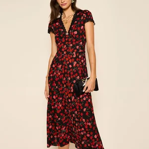 Manufacturer Wholesale Elegant v Neck Short Sleeve Dresses logo Printed Empire Waist Women Summer Chiffon Floral Dress