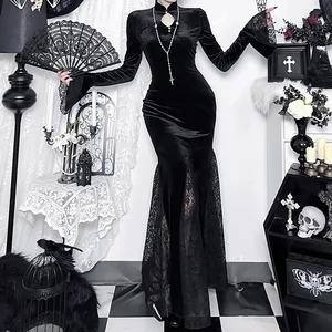 Oem OdmGothic Chinese Style Velvet Dress with Mandarin Collar, Lace Patchwork Bell Sleeves & Mermaid Hem Maxi Dress