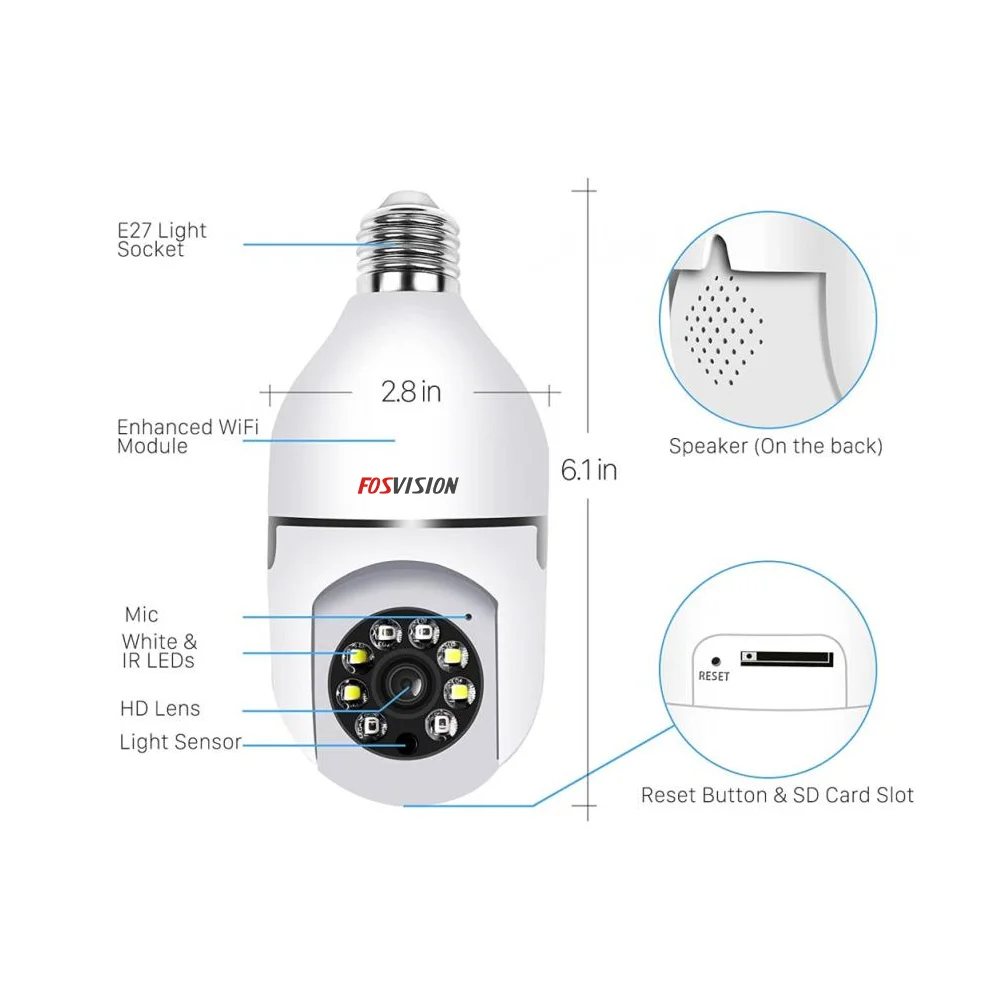 Fosvision 2mp Wireless Surveillance Panoramic Light Camera Bulb Ptz