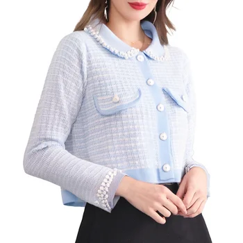 Boying Women's Fashion Cardigan  Gentle Small Fragrance Pearl Beading Long-sleeved Plaid Knitted Sweater Coat
