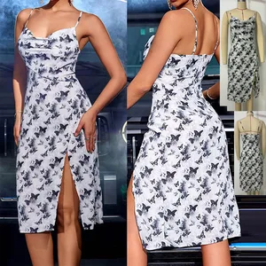 Custom Summer Clothes Sleeveless Slit Side Breezy Women Casual Print Sexy Spaghetti Dresses