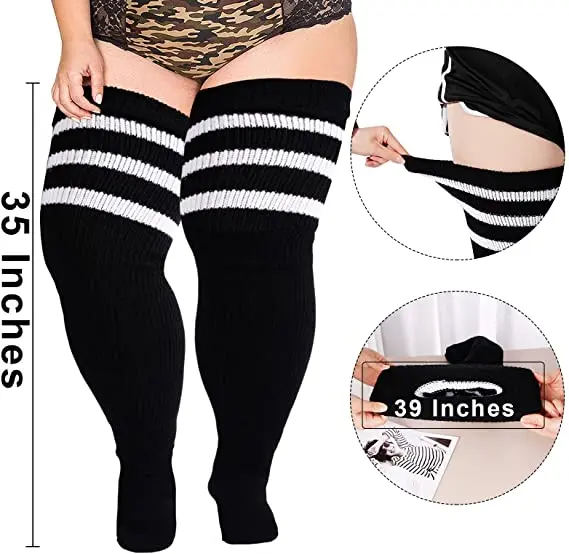 Plus Size Thigh High Socks for Women Thick Thighs Black White Extra Long Knit Over The Knee Thigh High Stockings Boot Socks 