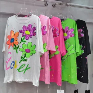 LYG Wholesale New Summer Round-neck Heavy Sequined Floral Hand-painted Graffiti Loose Trendy Plus-size Short Sleeves
