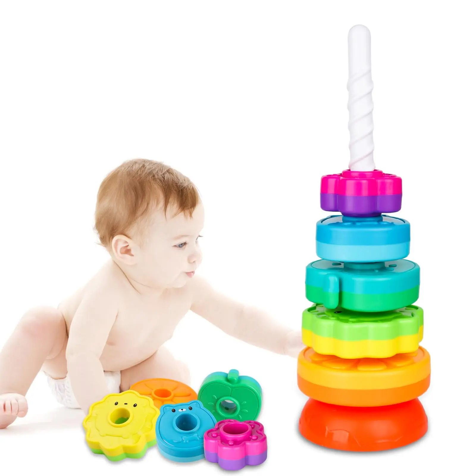Sensory Toddlers Educational Interactive Plastic Rainbow Tower Rings