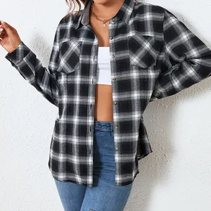 Autumn Winter Cotton Large Plaid Long Sleeve Shirt for Women Casual Top Formal Style Woven Weaving Front for Office Simple