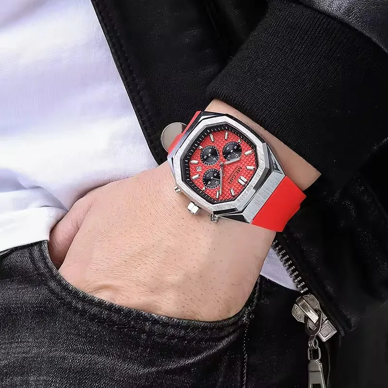 Megir Orologio Uomo Militare Al Quarzo - Cassa Oro Rosa E Cinturino In Silicone Nero - Cronografo 3 Quadranti