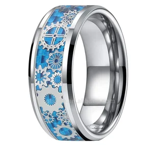 Coolstyle Jewelry 6mm 8mm Tungsten Ring Men Women Couple Trendy Wedding Band Steampunk Gear Wheel Carbon Fiber Inlay Comfort Fit