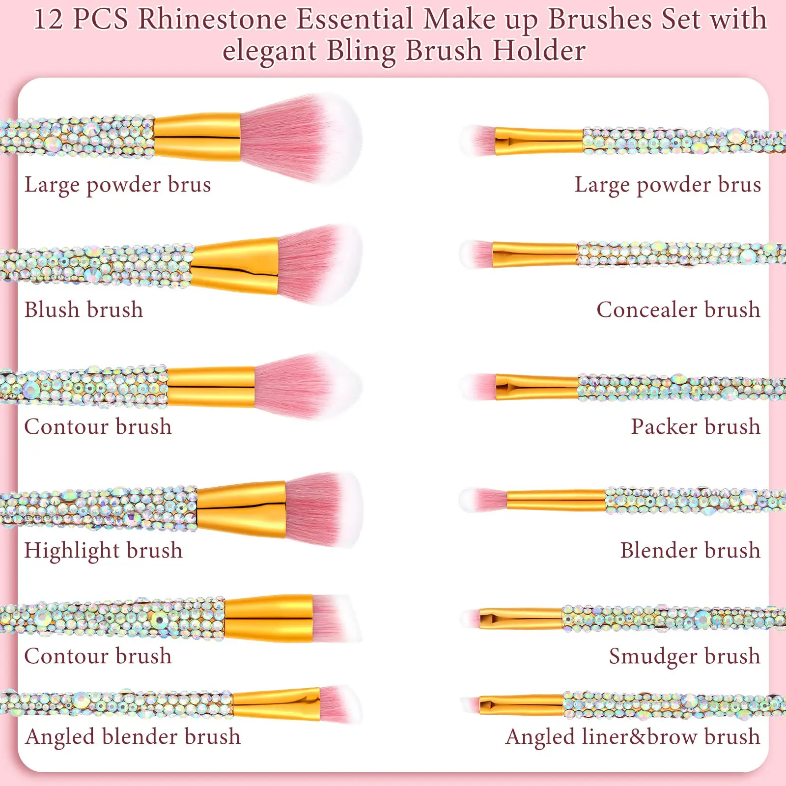 12 Pieces Rhinestone Makeup Brushes Set Crystal Blending Liquid Foundation Powder Concealer Eye Shadows Make up Beauty Tool