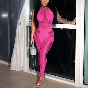 JY JY14JP01 Bodycon Knit Stretchy One Piece Hollow Out Sexy Jumpsuit Casual Wear Women's Slim Sleeveless Jumpsuits