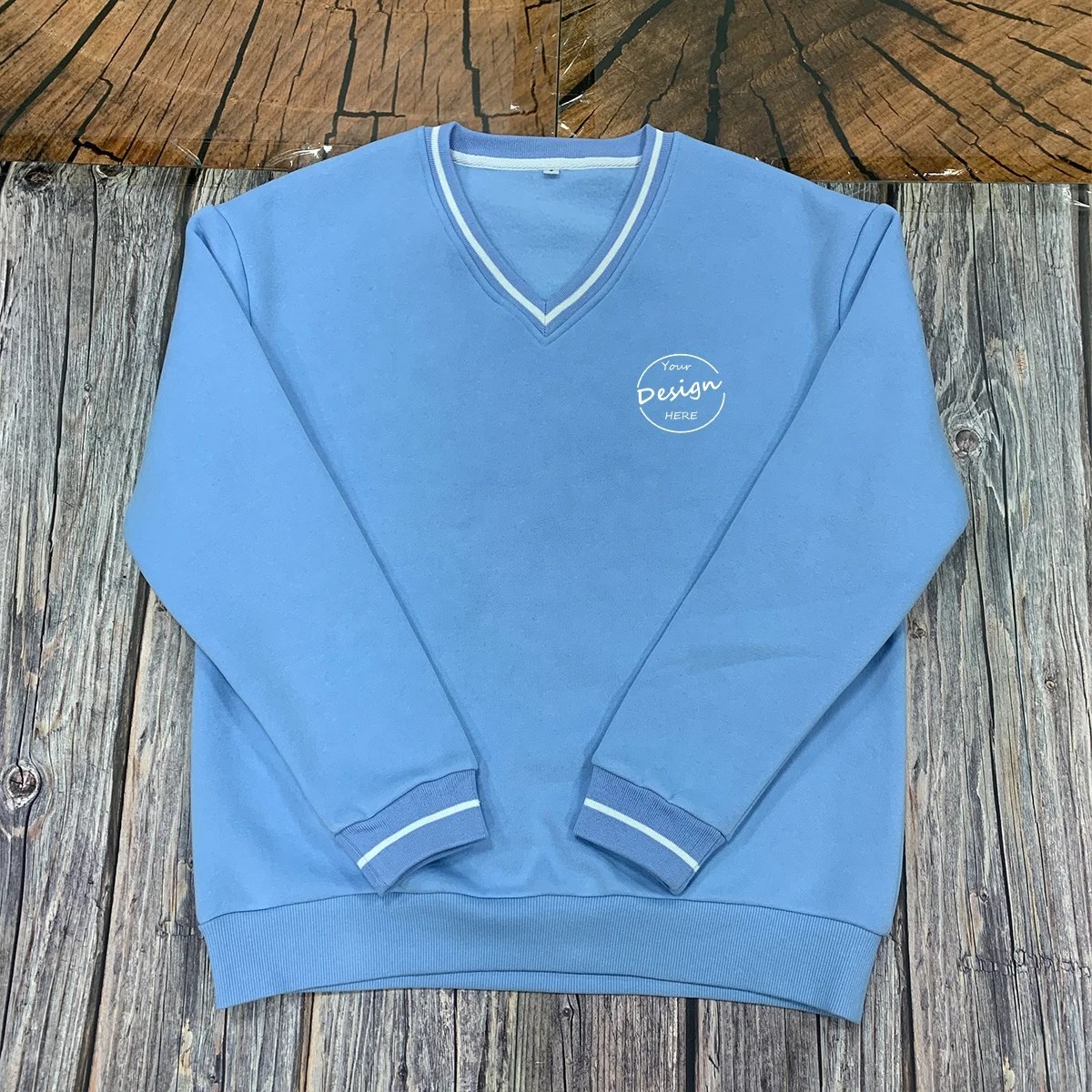 JL217D Screen Printing Cotton Blend Stripe Neckline V Neck Mens Fleece Lining Sweatshirt