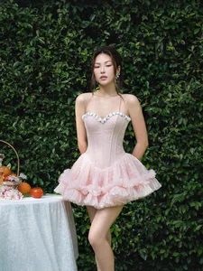Bettergirl Vietnam Fashion 2026 Spring New Lace pink Party Dress Tight Floral Fishbone Mesh Mini Dress