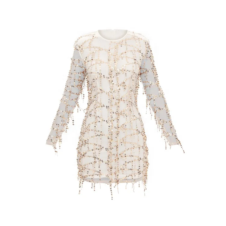 Vestido de Fiesta Ajustado de Manga Larga con Lentejuelas Doradas y Malla Transparente Blanca Personalizado para Mujer Vestido de Fiesta Ajustado de Manga Larga con Lentejuelas Doradas y Malla Transparente Blanca Personalizado para Mujer