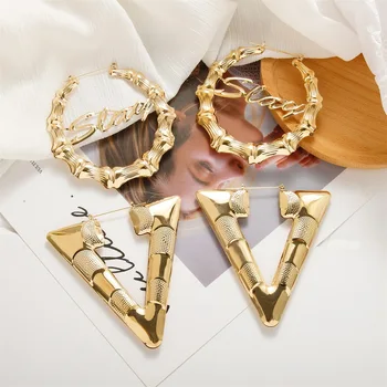 Metal Ear Hoop Earrings Letter Circle Bamboo Exaggerated Round Alloy Nightclub Hip Hop Street Dance Punk Woman Golden