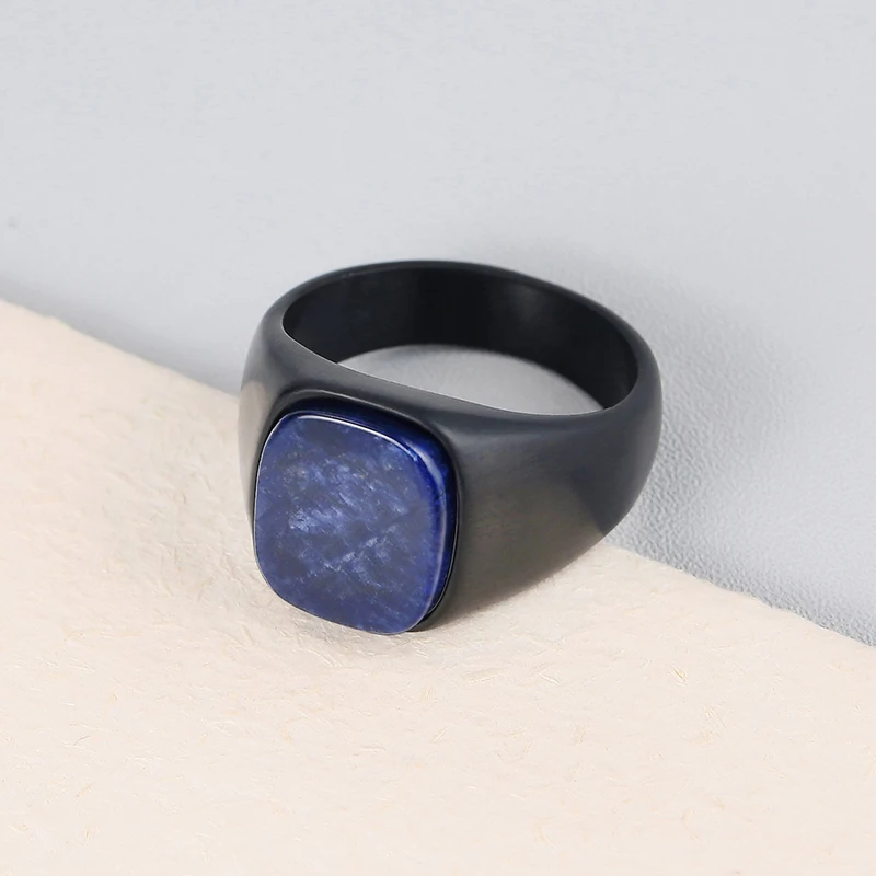Custom Gemstone 316 Stainless Steel Lapis Lazuli Nature Stone Rings IP Black Jewelry for Women Men Elegant Finger Accessories