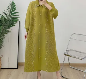 Winter New Miyake Pleated Dress with Turned-up Collar and Bead-embroidered Lace Design for Ladies' Cardigan Dress