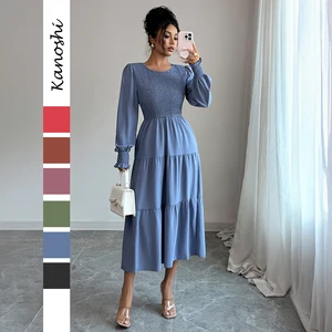 Apparel China wholesale clothing long sleeve o neck midi ladies dress fall dresses 2026