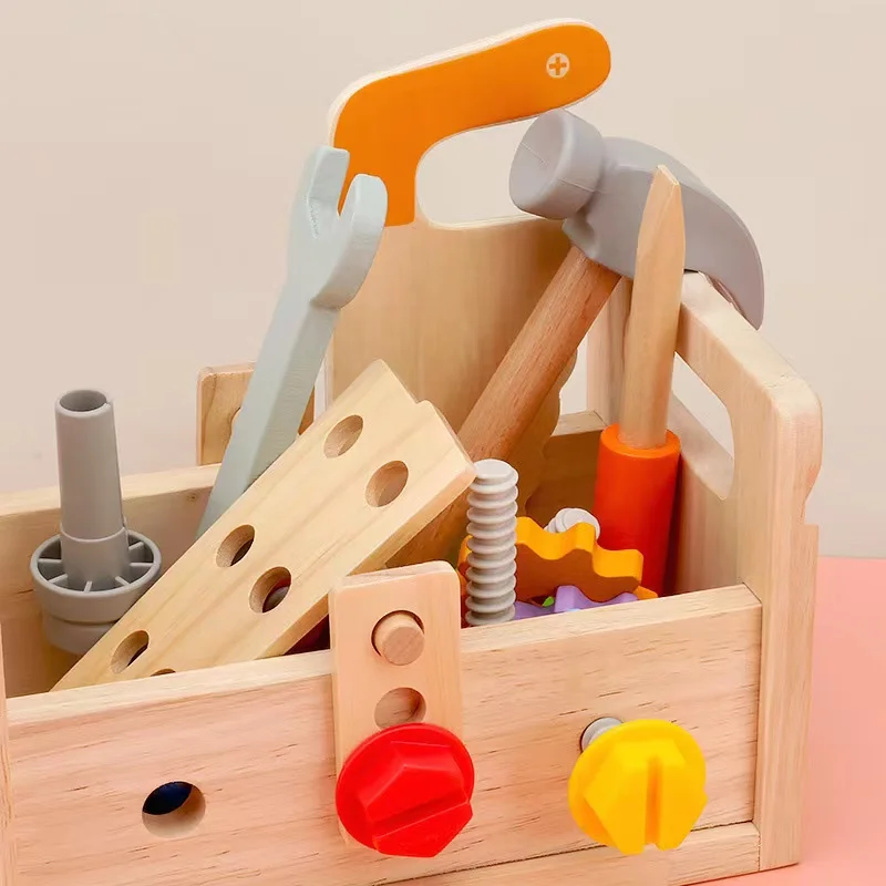 Kids Wooden Toolbox Pretend Play Set Educational Montessori Toys Nut