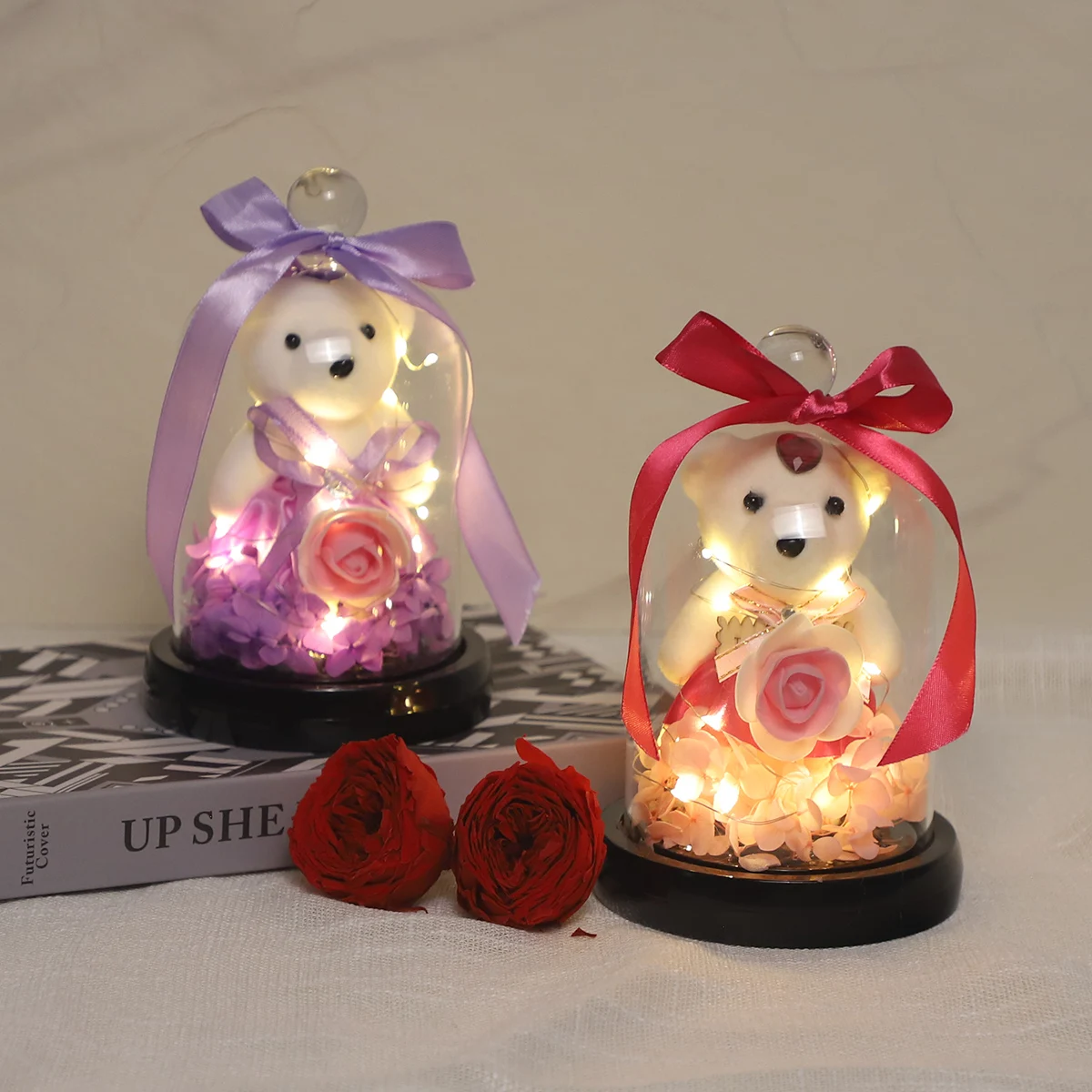 Luminous Clear Glass Flower Dome Decoration Love Gifts for Valentine's Day Elegant Home Indoor Ornaments