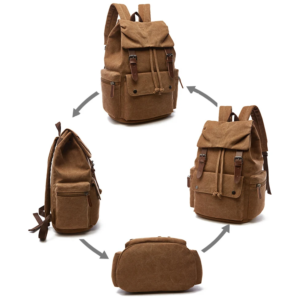 ZUOLUNDUO Solid Color Vintage Canvas Backpack Drawstring Fashionable Portable Leisure Bag for Men Women for Outdoor Adventures