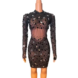 Black Sequined Fur Floor-Length Ball Gown Evening Dresses with Long Sleeves for Party Women