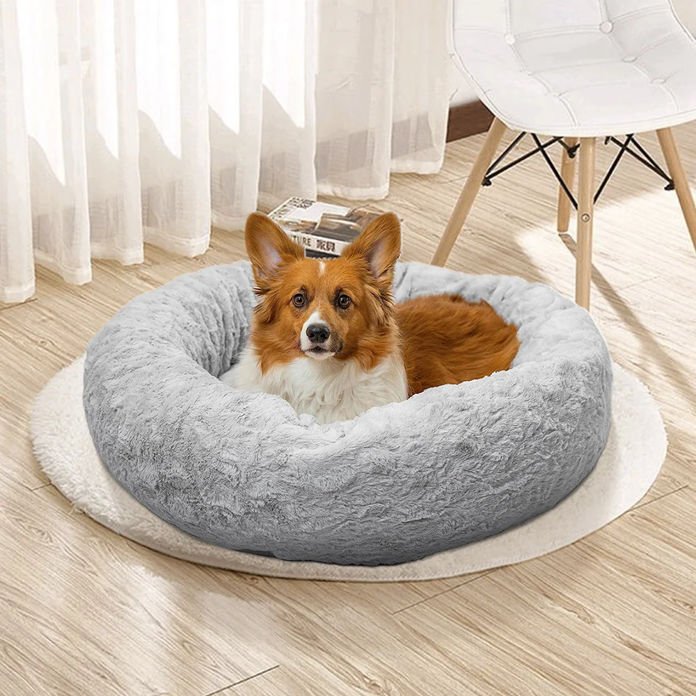 Custom logo warm plush fluffy soft washable luxury calming round donut pet dog bed