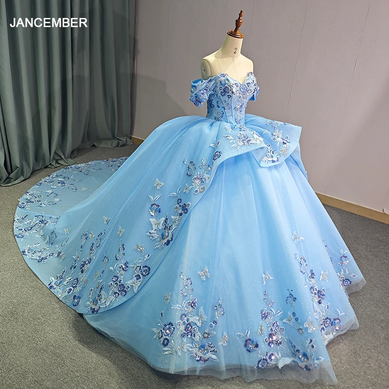 Blue Sweet 16 Birthday Party Dress Maxi off the Shoulder Ball Gown