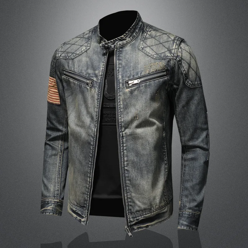 Trendy Spring Autumn Denim Tops Men's Personality Stand Collar Zipper Men Jean Jacket_voghion.com