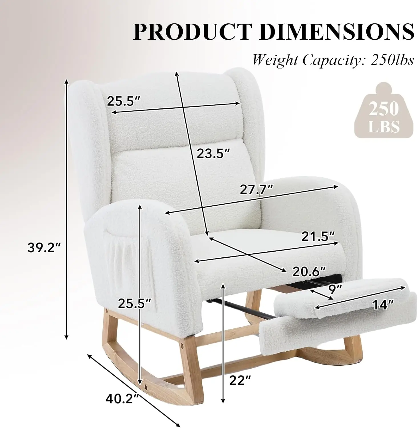 Reposapiés mecedora de gran tamaño con tapizado de osito blanco y bolsillo lateral, sillón de lectura para sala de estar_voghion.com