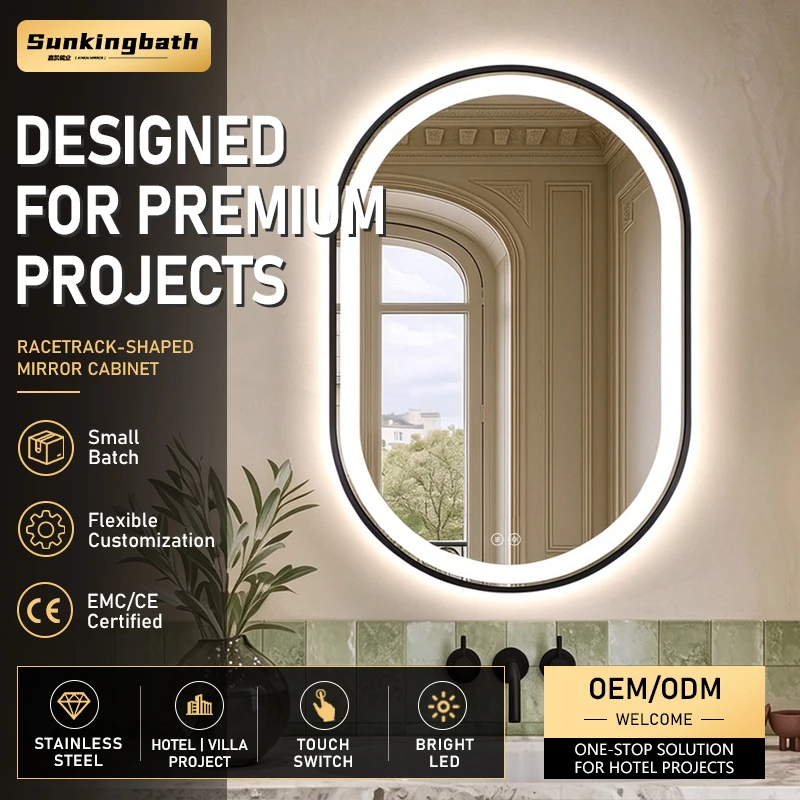 Commercial Bulk Oval Smart Mirror IP44 Framed Led Mirror Adjustable Brightness EU Plug Powered Bathroom Mirror with Led Light