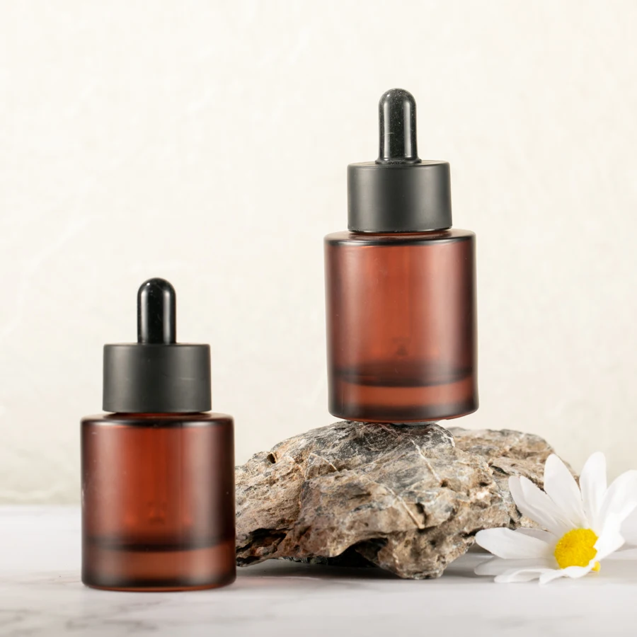 Empty Refillable 1 oz 30ml 40 ml Thick Base Round Amber Glass Serum Bottle Essential Oil Dropper Bottle with Double Wall Cap
