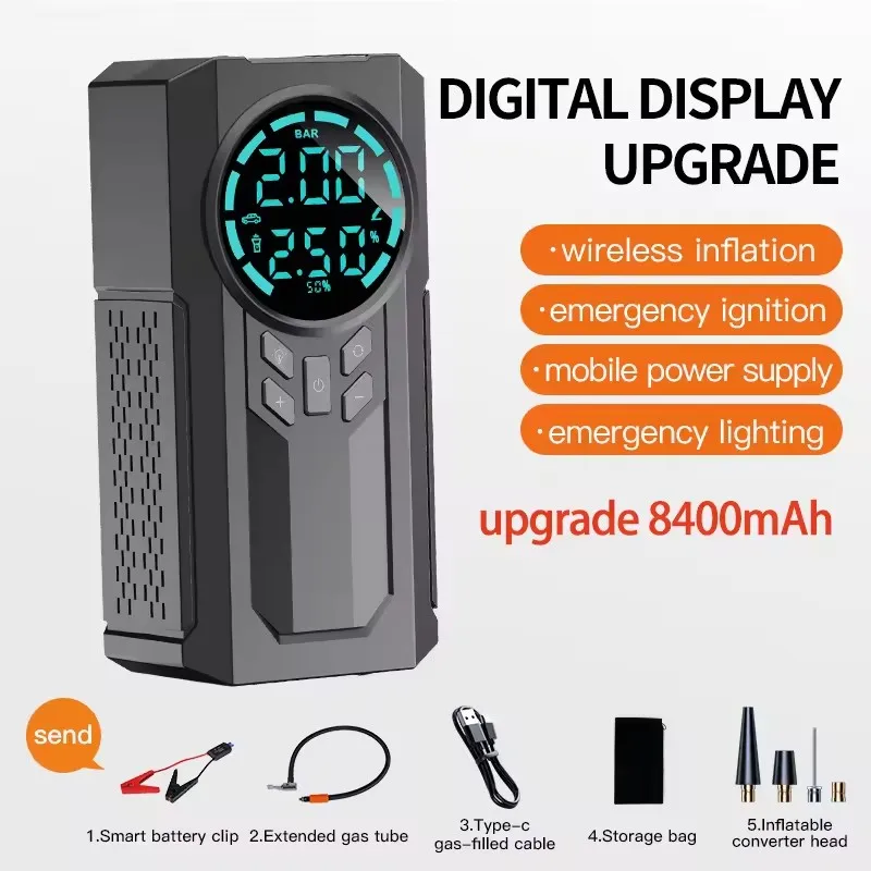 Multifunctional 4-in-1 Jump Starter with Inflator and Power Bank  LED Light Jump Starter with Inflator Car Booster with Digital