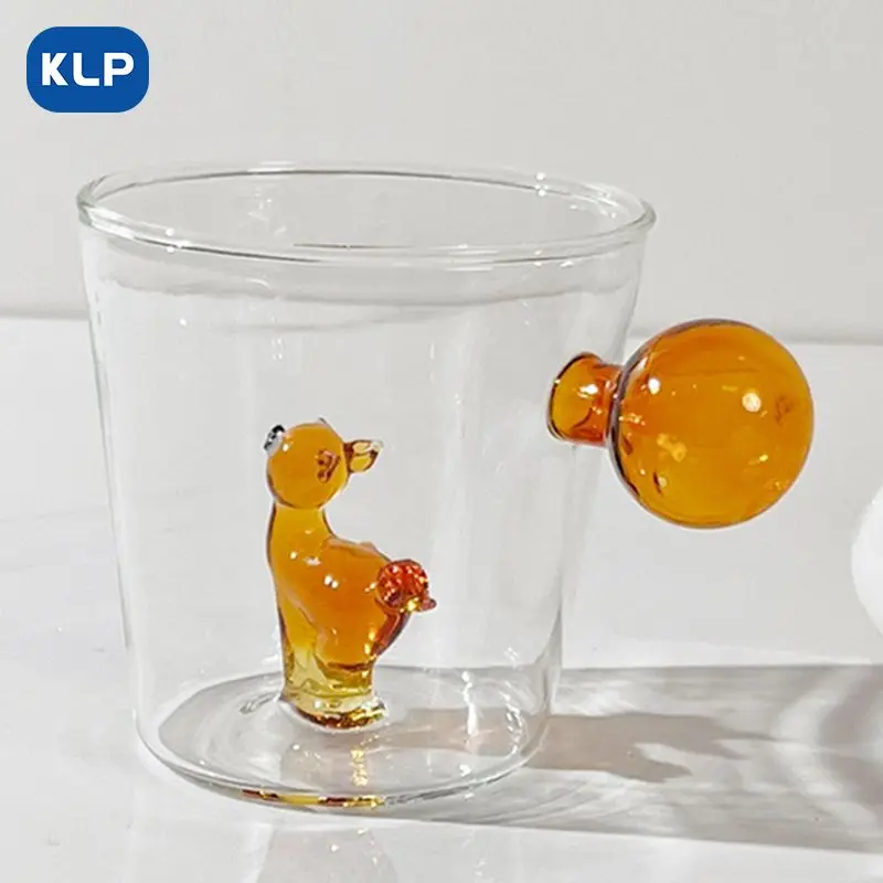 Round Glass Mug with Handle Fawn Pattern Insulated for Drinking Coffee Tea