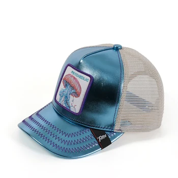 Wholesale Custom Logo 5 Panel Blue PU Leather Mesh Trucker Hat With 3D Embroidery Patch Sea Creature Hat