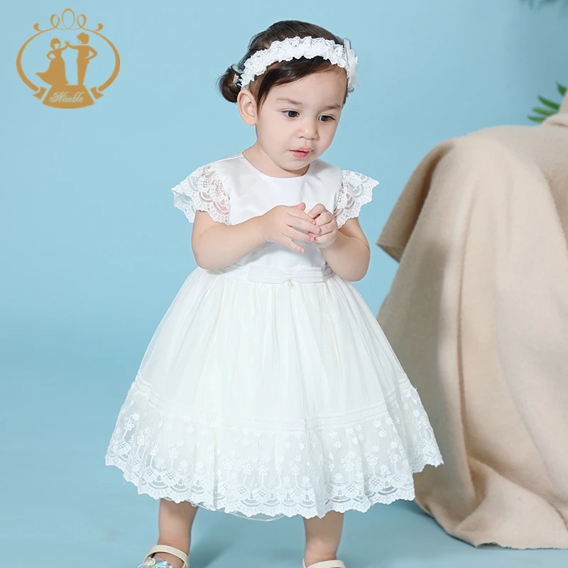 Nimble New Arrival Lace White Communion Dress for Girls Sleeveless Baby Girl Dress 2pc With Headband Baby Cotton Frocks Designs