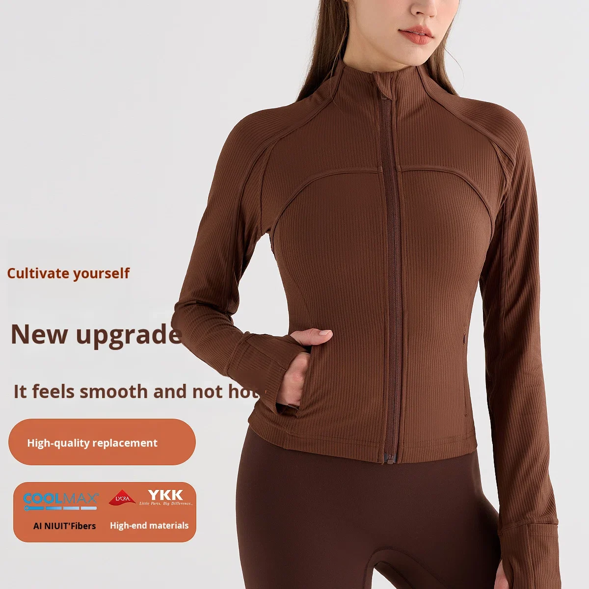 Ribbed Autumn Yoga Jacket Stand Collar Zipper Quick-Dry Breathable Fitness Long Sleeve f