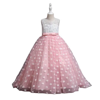 Childre's Long Dress For Girls Kid Polka Dot Rhinestone Sleeveless Ankle Length Evening Party Birthday Fashion Show 5-12 Years