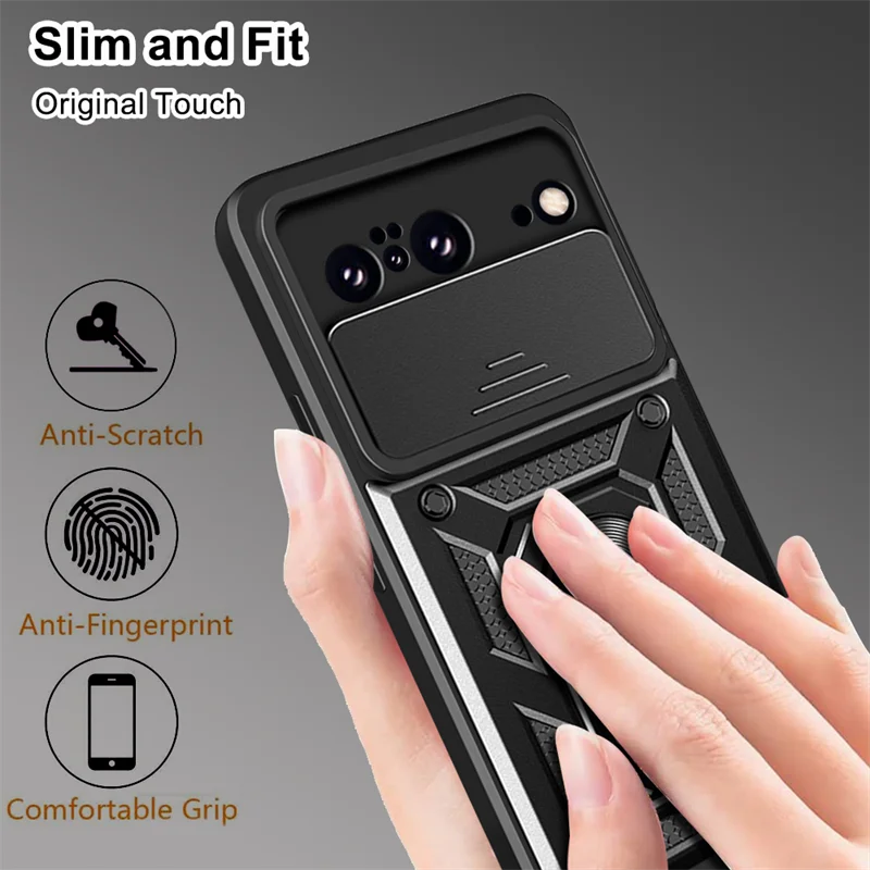 Military Grade Slide Cover Camera Protection Armor Case for Google Pixel 8 Pixel 9 Pro 8A 7A 7 Ring Stand Case