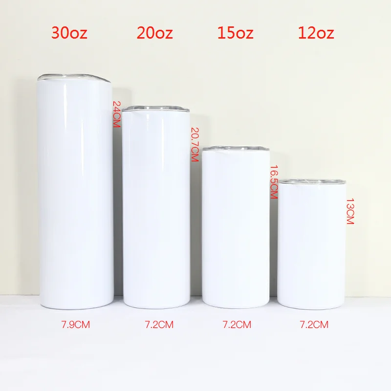 США Бесплатная доставка 12oz 15oz 20oz 30oz оптовая продажа прямой стакан из нержавеющей стали Белые сублимационные заготовки с пластиковой соломинкой