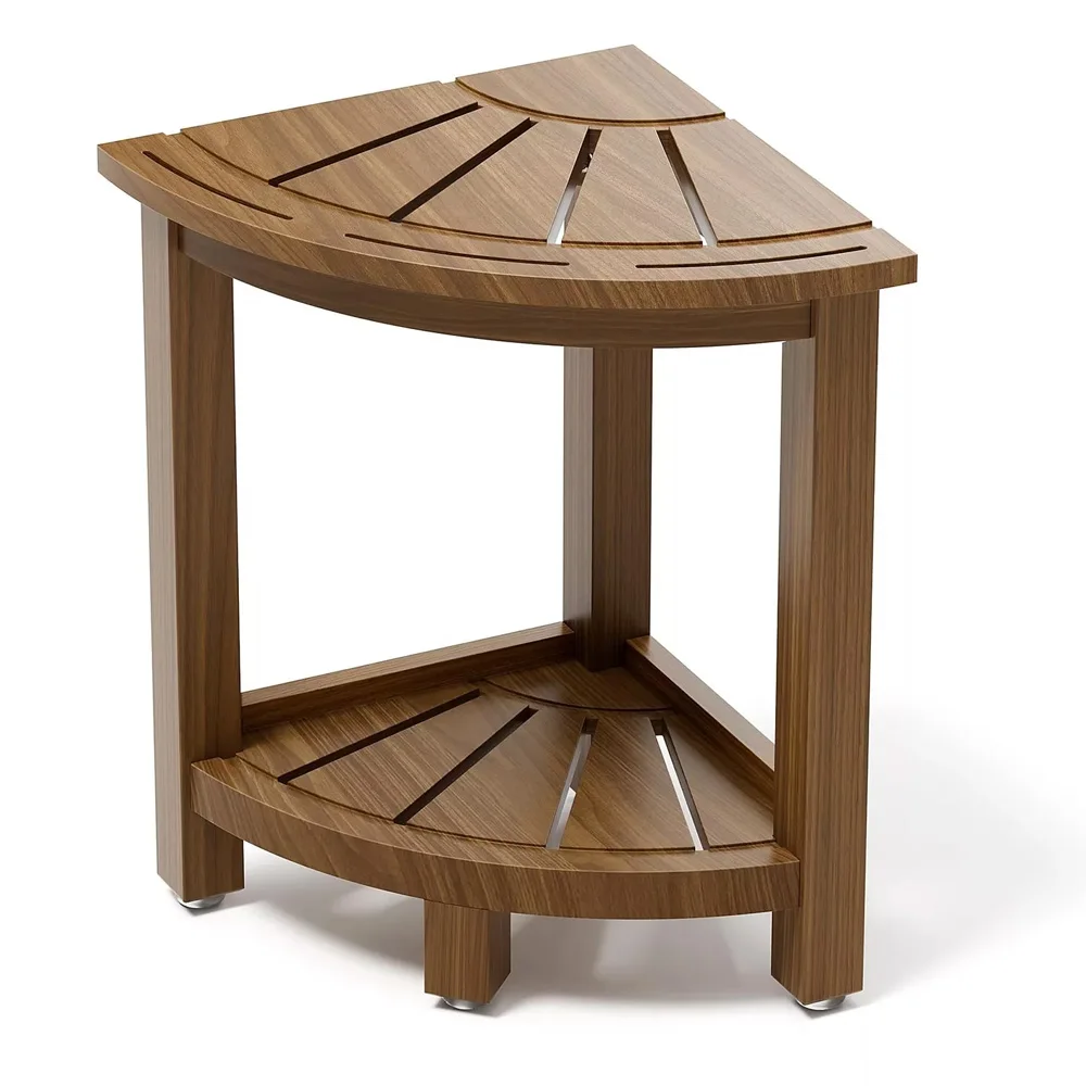 Wooden Corner Shower Bench 2 Tier Waterproof Non-Slip Bathroom Stool Heavy Duty Storage Spa Foot Rest for Small Hotel Bathroom