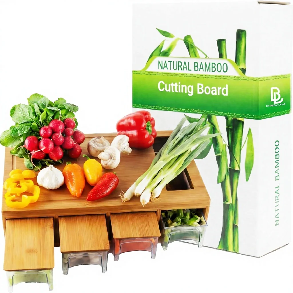 Bamboo Land- Large 4-inch Thick Rectangular Bamboo Cutting Board with Containers Food Prep Station Storage Cutting Board
